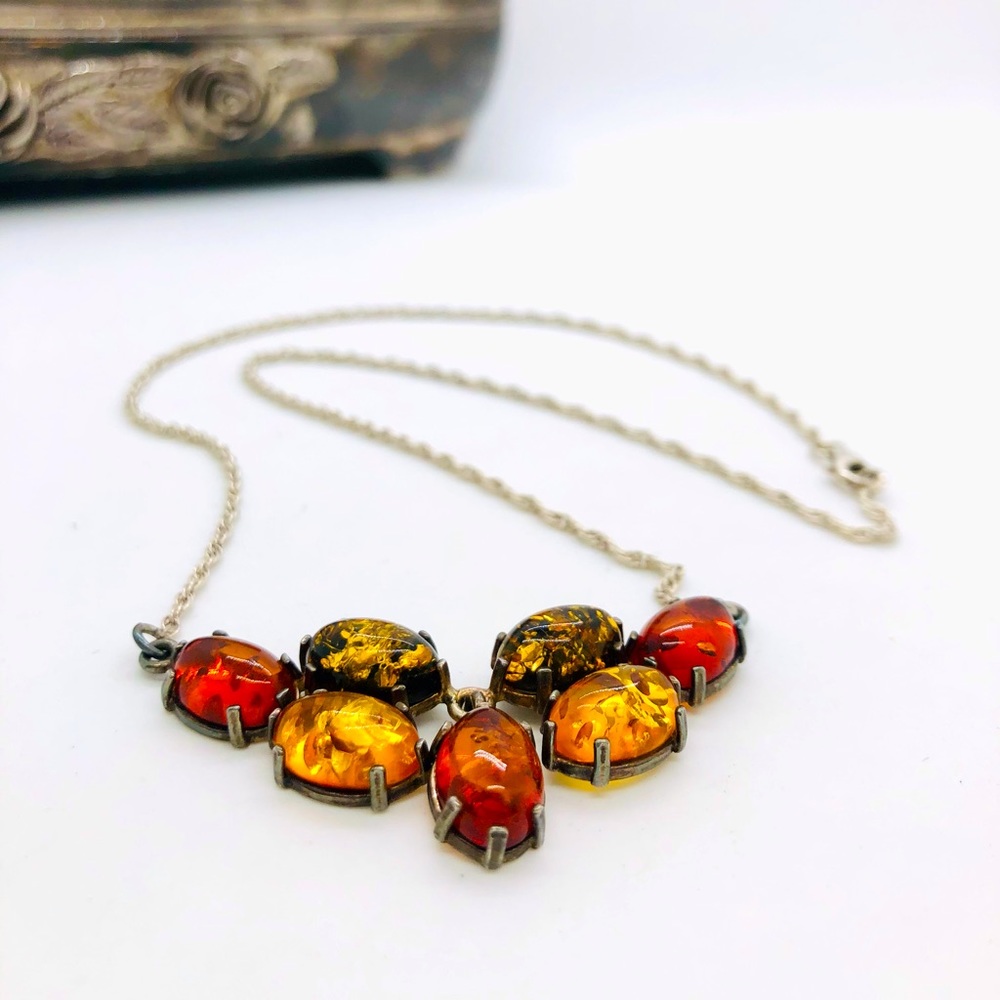 Vintage Amber Pendant Silver Necklace